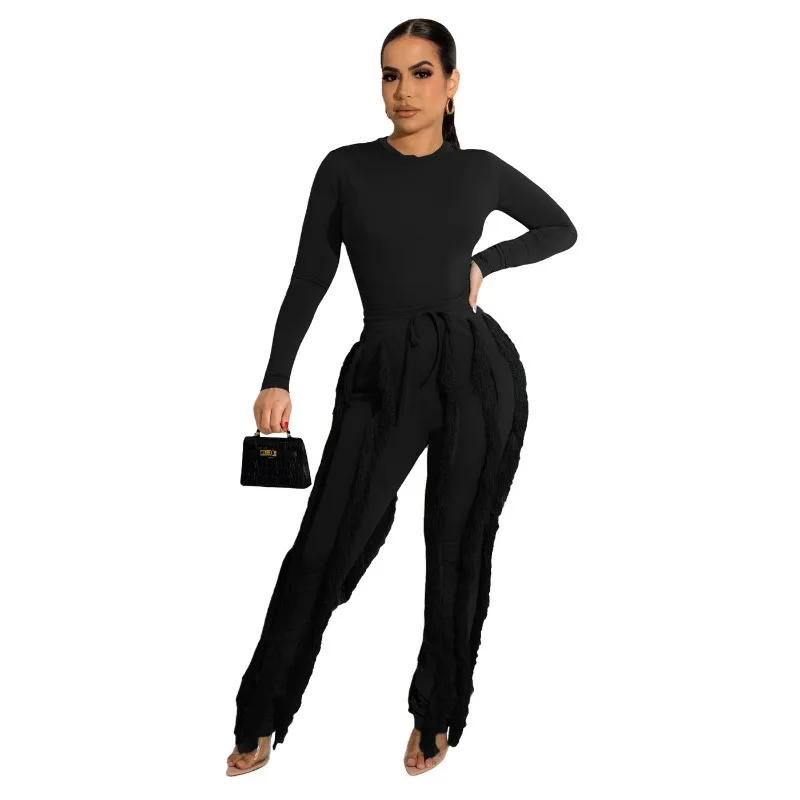 Solid Color Tassel Two Piece Set for Women 2023 Autumn Long Sleeve Slim Rompers Drawstring Pants Streetwear Casual Outfits