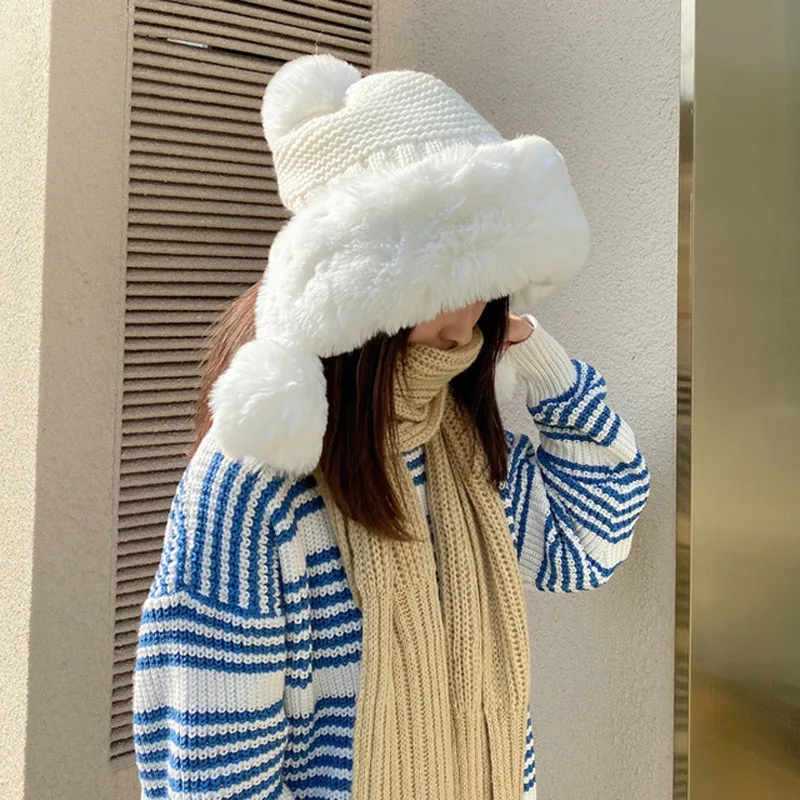 Plush Warm Knitted Hat For Women in Autumn And Winter Cute Fur Ball And Thick Velvet Ear Protection Anti Cold Lei Feng Hat