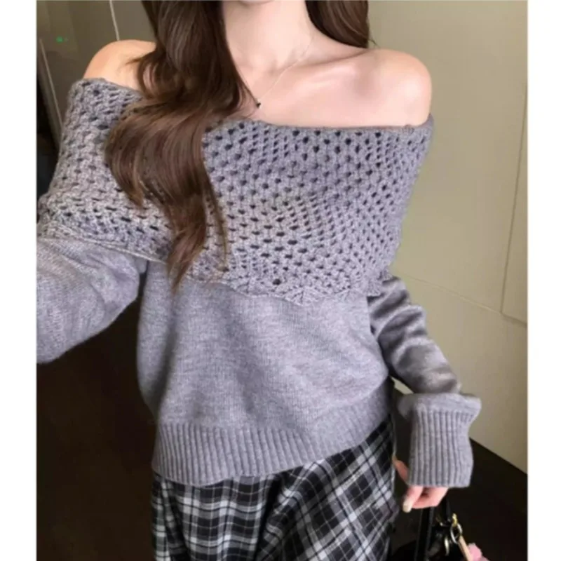 New Women's Off-shoulder One-word Shoulder Slim-fitting Long-sleeved Sweater Hollow Collar Solid Color Elegant Casual Knitwear
