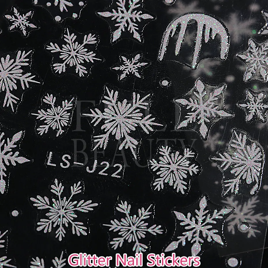 Glitter Christmas 3D Nails Stickers Snowflakes Xmas Elk Winter Snow Sliders Shiny Powder Design Heart French Nail Decals LS-J21 4