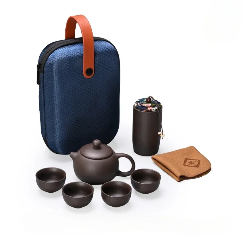 Portable Chinese Travel Tea Set, Teapot Clay Set, Tea Ceremony, Camping, 4 Cups, Zi Shi, Ke Cup, Tea Pot Set