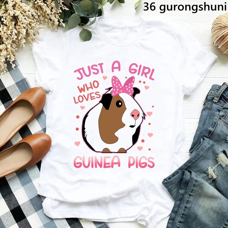 

Just A Girl Who Loves Guinea Pigs Graphic Print Tshirts Girls Pink Bow-Knot T Shirt Femme Kawaii Clothes Harajuku Shirt Tops