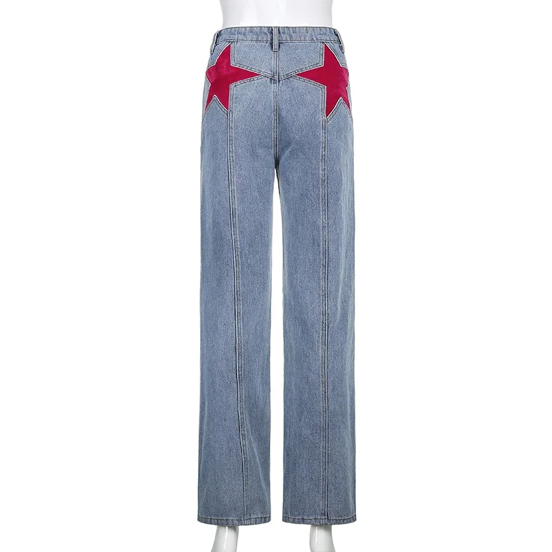 Y2k Denim Pants For Women Vintage 2022 Star Pattern Blue Flare Jeans Female New Harajuku High Waist Full Length Trousers Capris
