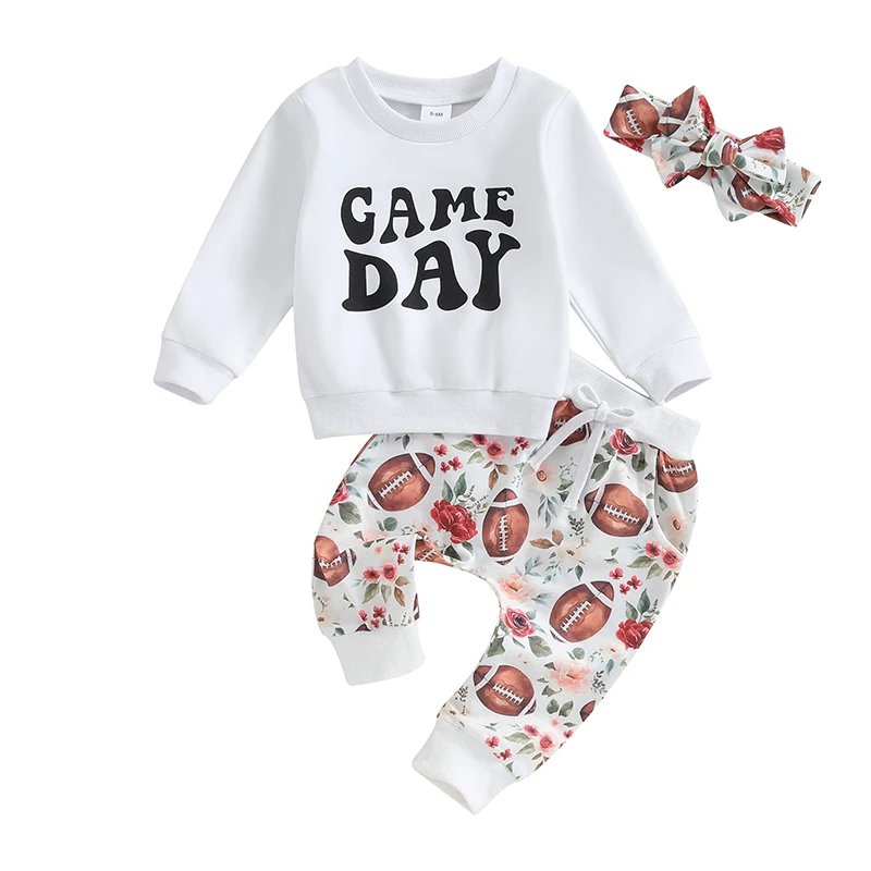 

Bmnmsl 3PCS Toddler Girls Outfits Long Sleeve Sweatshirt + Football Print Pants + Headband Set Baby Clothes