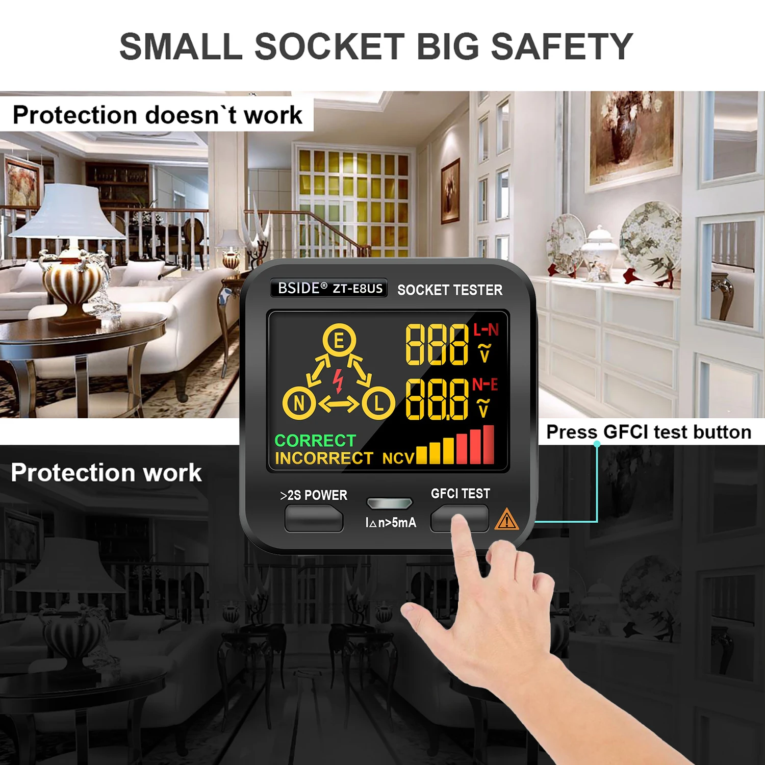 Socket Tester BSIDE Smart Socket Tester Smart Socket Voltage Checker RCD GFCI Test NCV Live Neutral Test EU US UK Plug Table