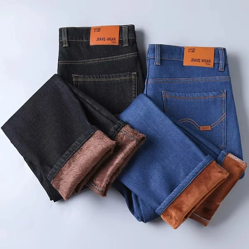 2024 Winter New Casual Men's Warm Fleece Jeans Classic Style Business Thicken Fur Regular Fit Denim Pants Brand Plush Trousers 5