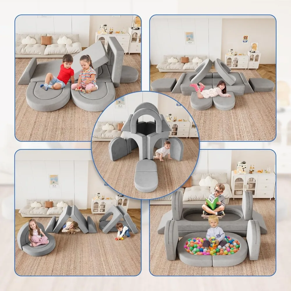 Kids Couch, 12PCS Modular Toddler Couch with 2 Triangular Cushions and 4 Arches, Fold Out Kids Couch for Playroom, Bedroom 5