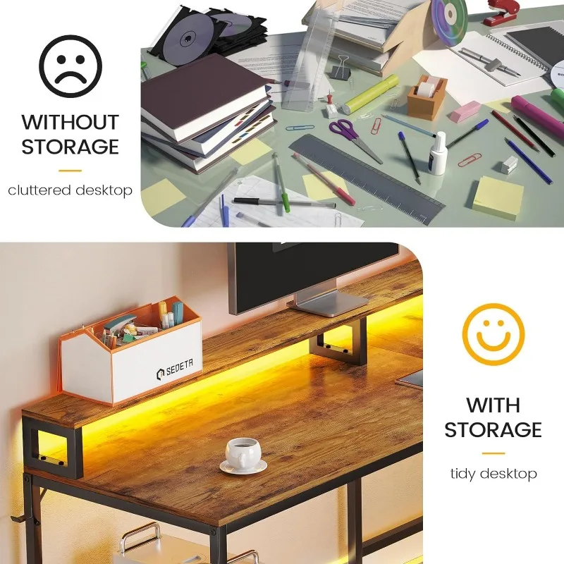 Comparison of a cluttered desk without storage versus a tidy gaming desk with storage solutions and integrated LED lighting.