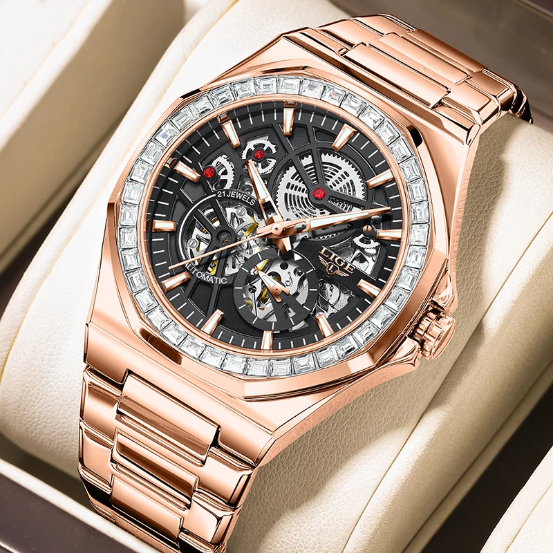 LIGE New Luxury Rose Gold Waterproof Watches For Men Casual Business Watch Men Luminous Automatic Men's Mechanical Wristwatch