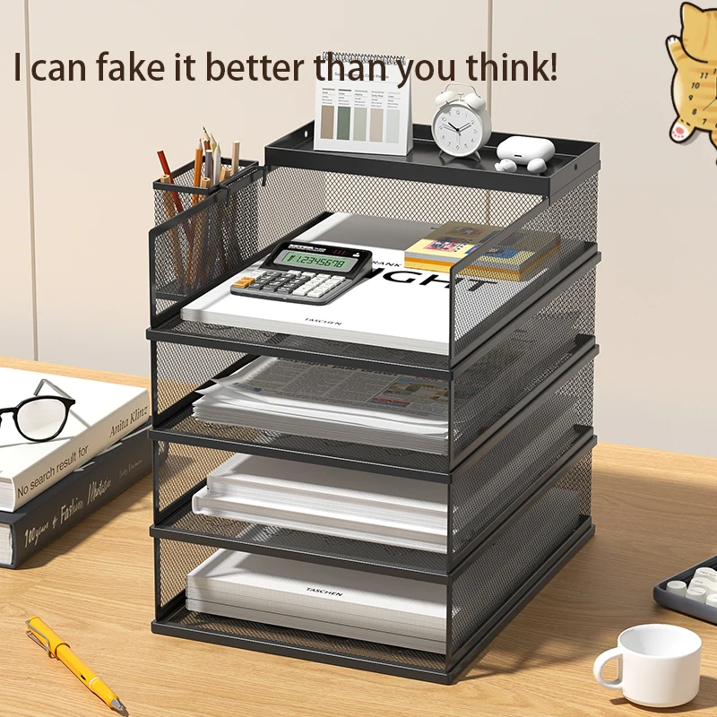 Desktop vertical multi-layer file storage rack, metal mesh file storage basket, suitable for office and home school