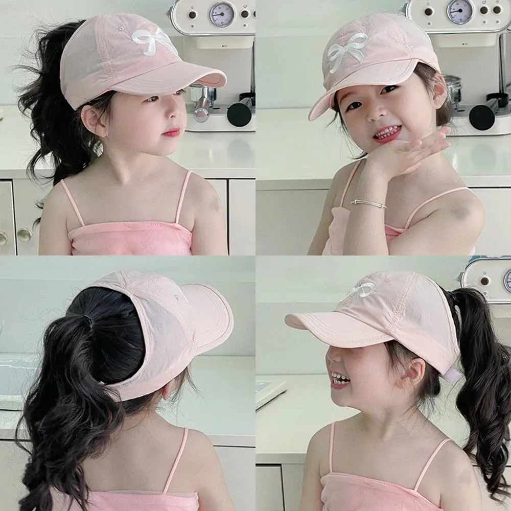 Summer Kids Quick-dry Baseball Caps Girls Bow Embroidery Semi-hollow Top Sun Hat Korean Fashion Sports Adjustable Sunscreen Cap Baseball Cap Baby Sun Hat Outdoor Sun Hat
