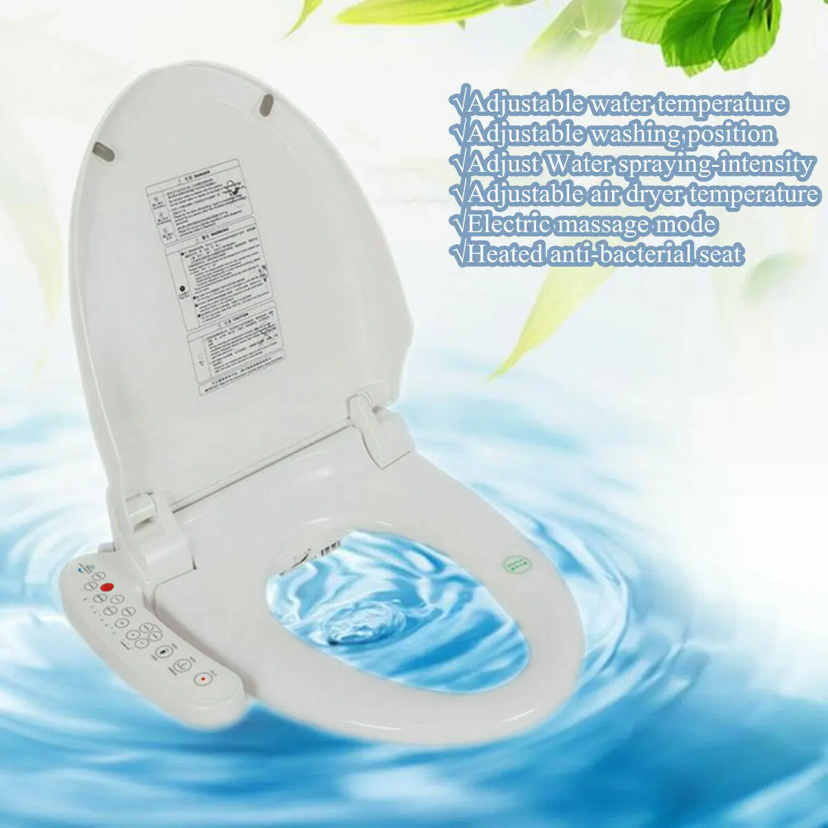 Auto Flush Toilet Seat Bathroom Electric Bidet Cover W/ Heated Anti-Bacterial Seat Double Nozzles Self-Cleaning-Multifunctional