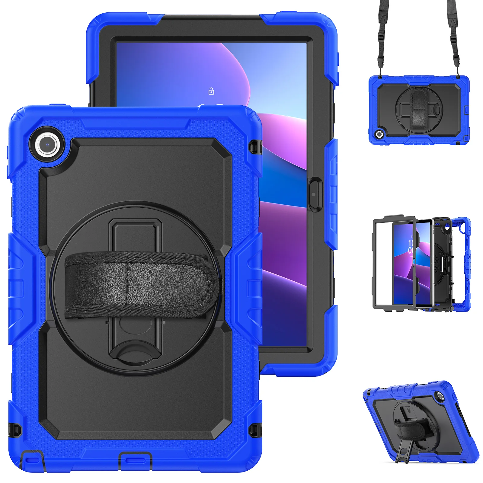 Rugged Armor Tablet Case with Screen Protector and Rotating Stand - Heavy Duty Cover with Shoulder Strap