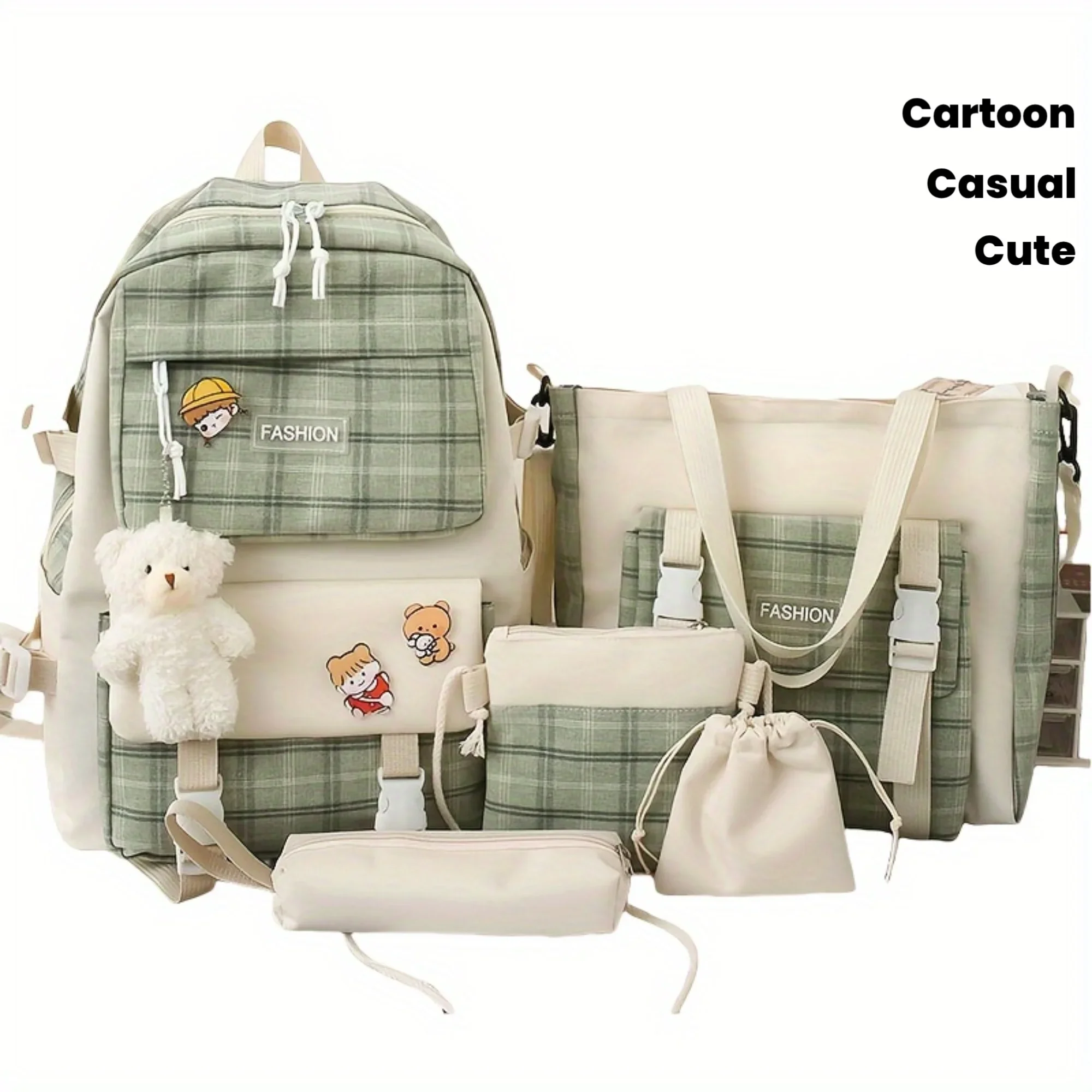 Cute Plaid Cartoon Canvas Five-Piece School Bag, Large Capacity Casual Simple Backpack, Women's Travel Bag Cosmetic Bag, for Girls And Women, Adaptable Stationery Bag, Women's Wallet, Women's Crossbody Bag, Women's Hand Bag (No Bear Pendant) 1