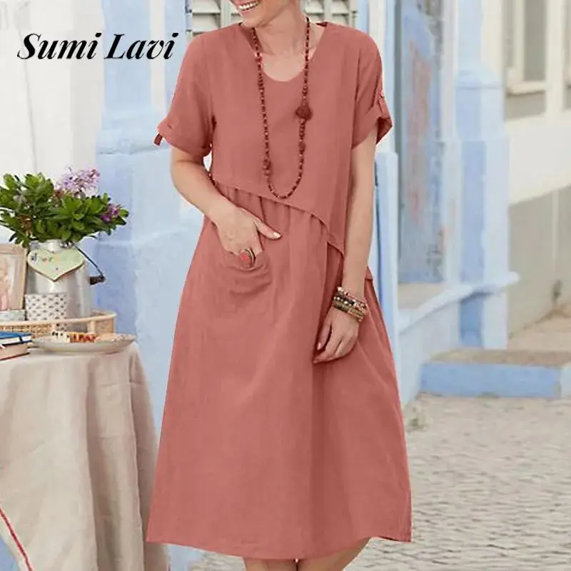 

Women Fashion Draped Cotton Linen Dress Summer Sexy V-neck Short Sleeve Solid Party Dress Elegant High Waist Pocket Midi Dress