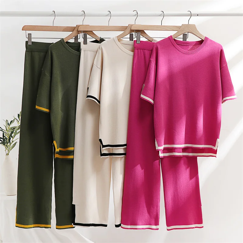 

Autumn Knit Shirt Suit Elegant Contrast Color Short Sleeves Shirt Wide Leg Pants Two Piece Set Women Outfits 2023 Short Sleeve