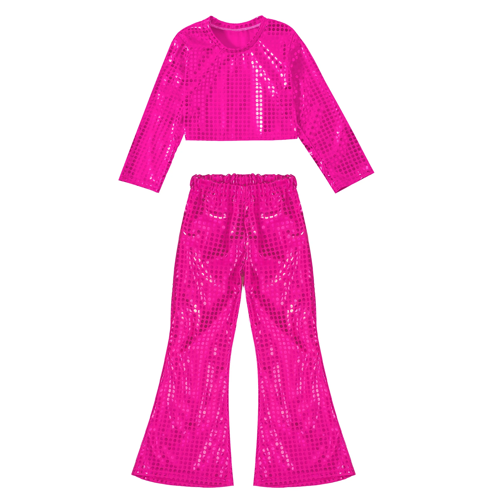 Children Girls Hip Hop Jazz Dance Stage Performance Costume Shiny Long Sleeve Crop Top with Bell-bottoms Pants Party Dancewear