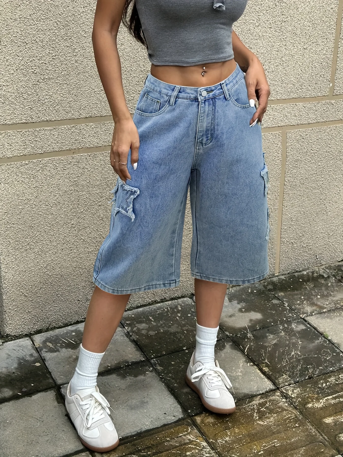 Y2K Star Patchwork Pleated Stitching Bermuda Denim Shorts High Waist Slant Pockets Wide Leg Jorts Suitable For Everyday Summer 4