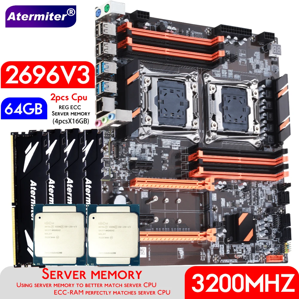 Atermiter Dual X99 Motherboard With LGA 2011 3 XEON E5 2696 V3*2 With