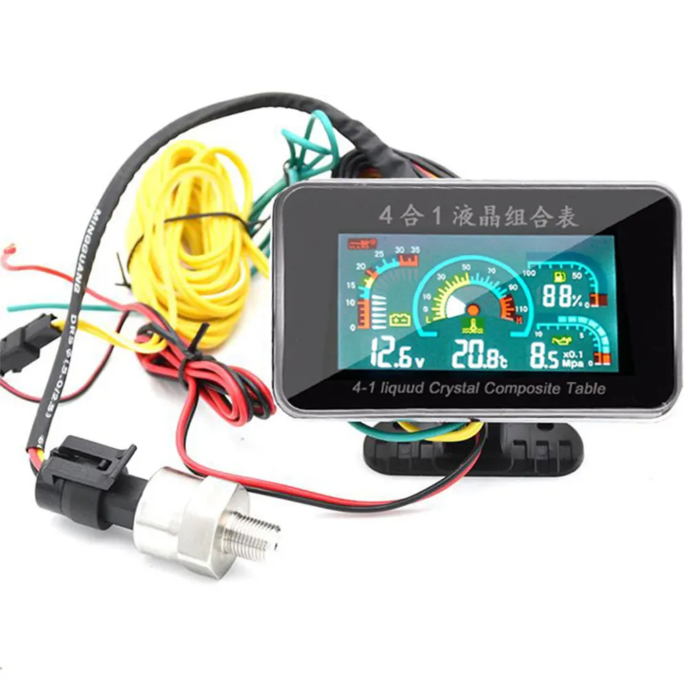 Dcolor 4-in-1 LCD Car Digital LCD Instrument l Pressure Gauge Voltmeter Fuel Display Water Temperature Display Connected Clock M10 