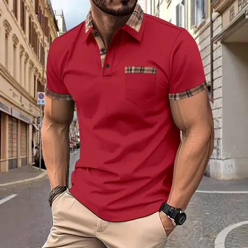 The 2025 Summer New Men's Sporty casual comfortable top is a solid-color patchwork short-sleeved POLO shirt with false pockets - Image 2
