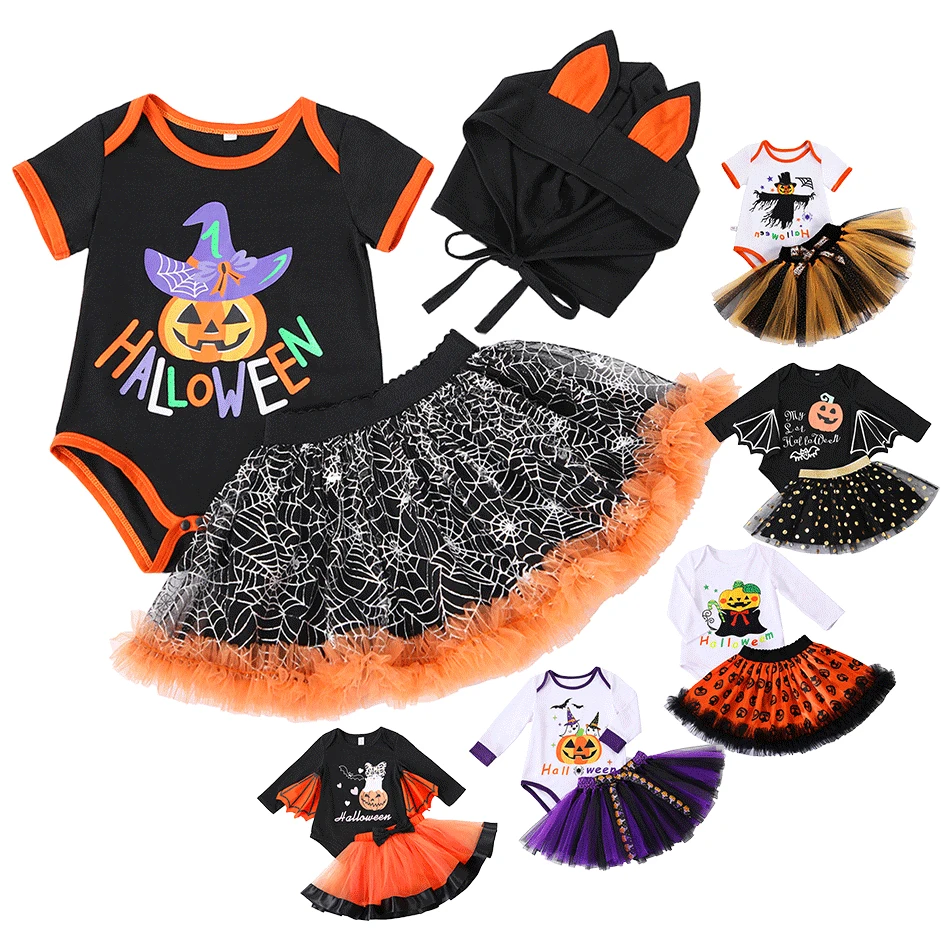 

Newborn Baby Girls Halloween Clothes Outfits Infant 3pcs Pumpkin Bodysuit Romper Tutu Skirt and Hat Clothing Sets 6-24 Months