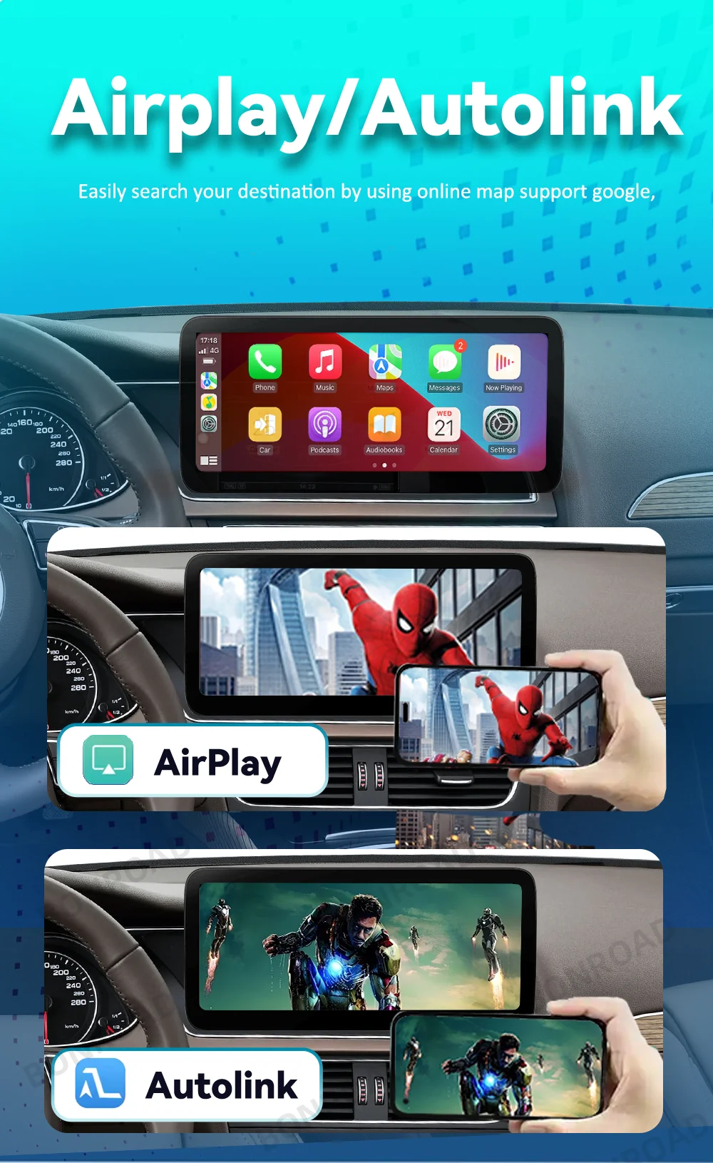 Bonroad 10,25'' Autoradio-Player Multimedia-Bildschirm für Audi A4 A5 2009-2016 Wireless CarPlay Android Auto Airplay AutoLink GPS – Detail 2