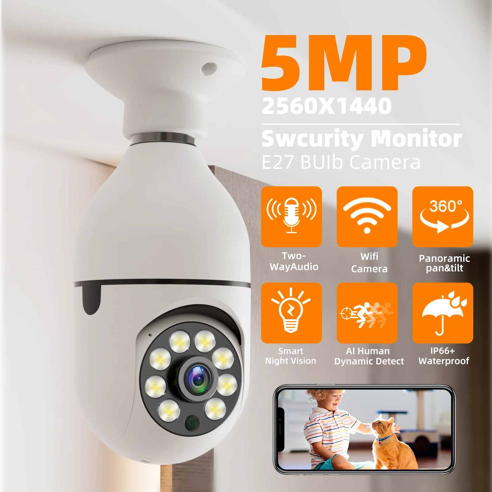

5G Wifi 5MP E27 Bulb Surveillance Camera Indoor 4X Digital Zoom AI Human Detect Full Color Night Vision Wireless Cam Smart Home