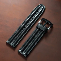Vintage Genuine Leather Watch Band Straps - Premium Cowhide Double - Stitched Design, Unisex Fashion Accessory - 22mm (Black)