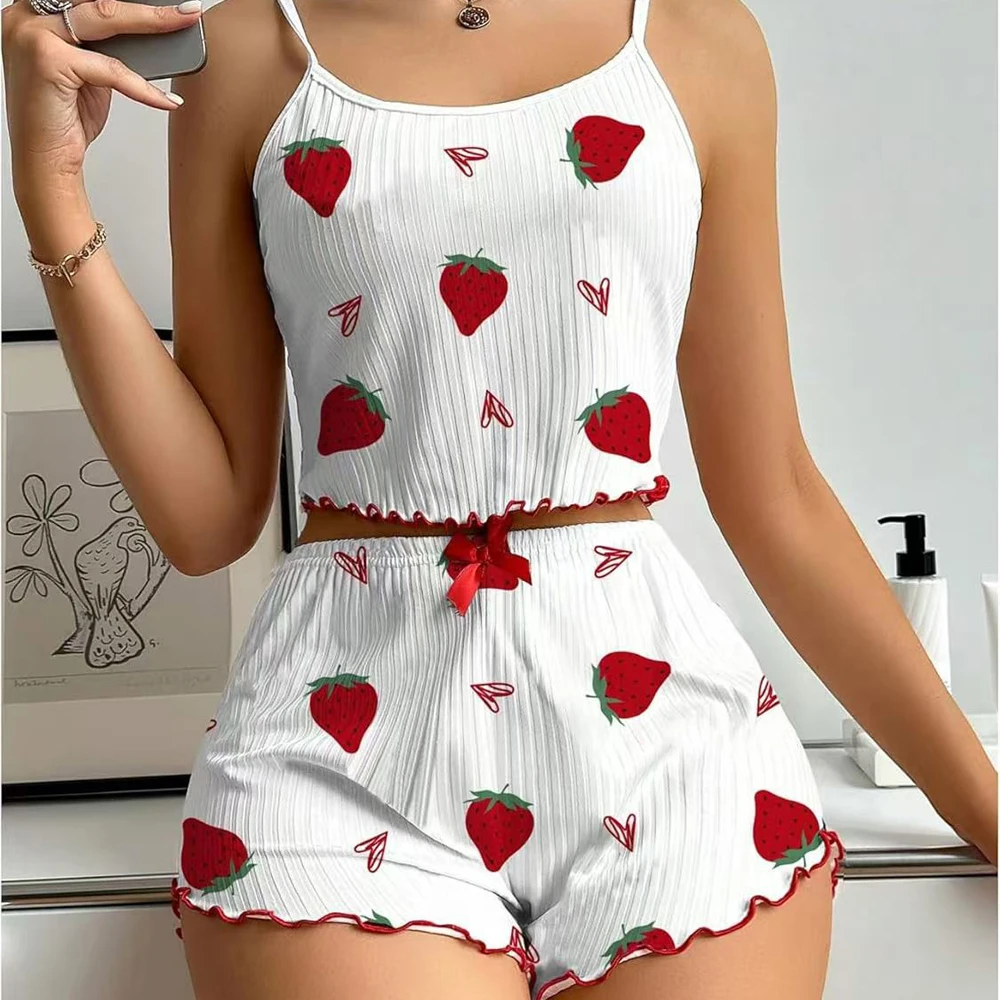 Female Girl Pajamas 2 PCS Set Strawberries Printing Soft Ribbed Fabric Ventilate Soft Trim Casual Top and Shorts Loungewear women pajamas set cotton pajamas set