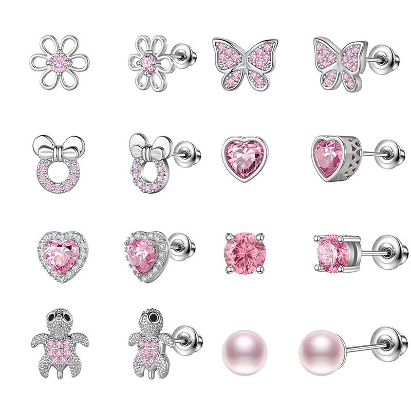 Cute Pink Pig Stud Earrings - 925 Sterling Silver Tiny Animal Cartilage Earrings