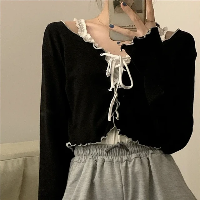 Women Long Sleeve T-shirts Lace-up Cardigan Patchwork Ruffles Trendy Sweet  Lovely Crop Tops Sexy Females Coat Leisure Outwear - T-shirts - AliExpress