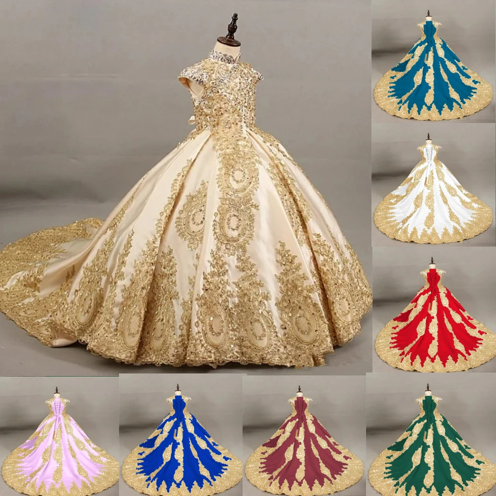 Luxury Customised Color Flower Girl Dresses For Wedding Gold Printing Pageant Gown Sleeveless lace Appliques Communion Gowns 1