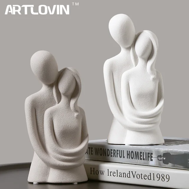 Sculpture de couple abstraite nordique, personnages de câlin d'amant, statues en céramique givrée, Figurines blanches/grises unies, cadeaux de mariage 1