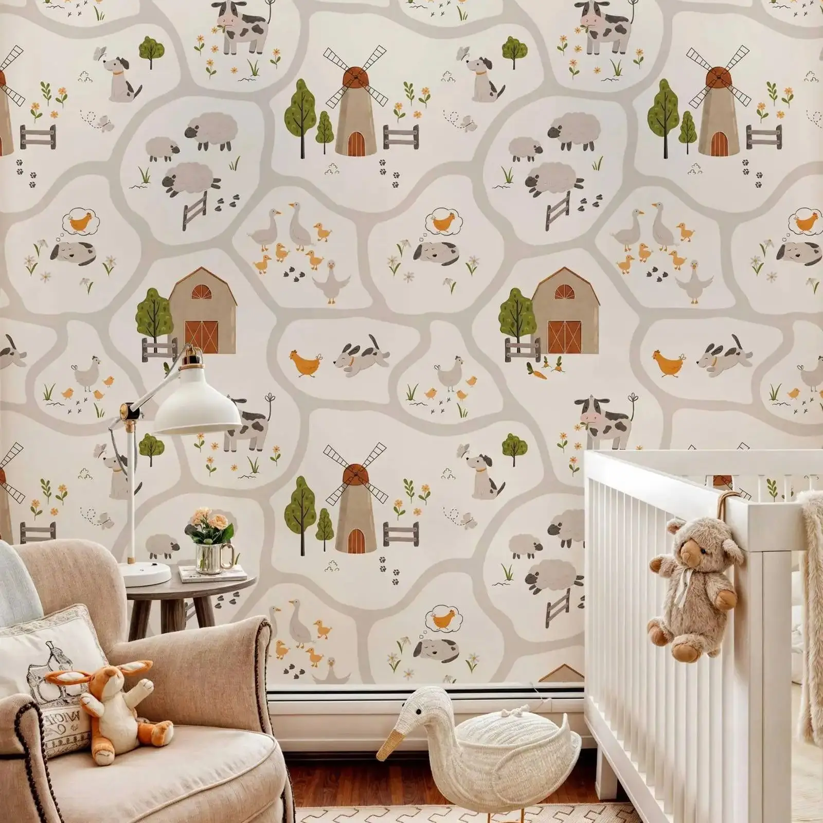 טפט ילדים של חיות משק חמודות, ניתן לקילוף ולהדביק, קישוט קיר לחדר התינוקות, טפט קיר לתינוקות בחווה, דבק עצמי או מסורתי