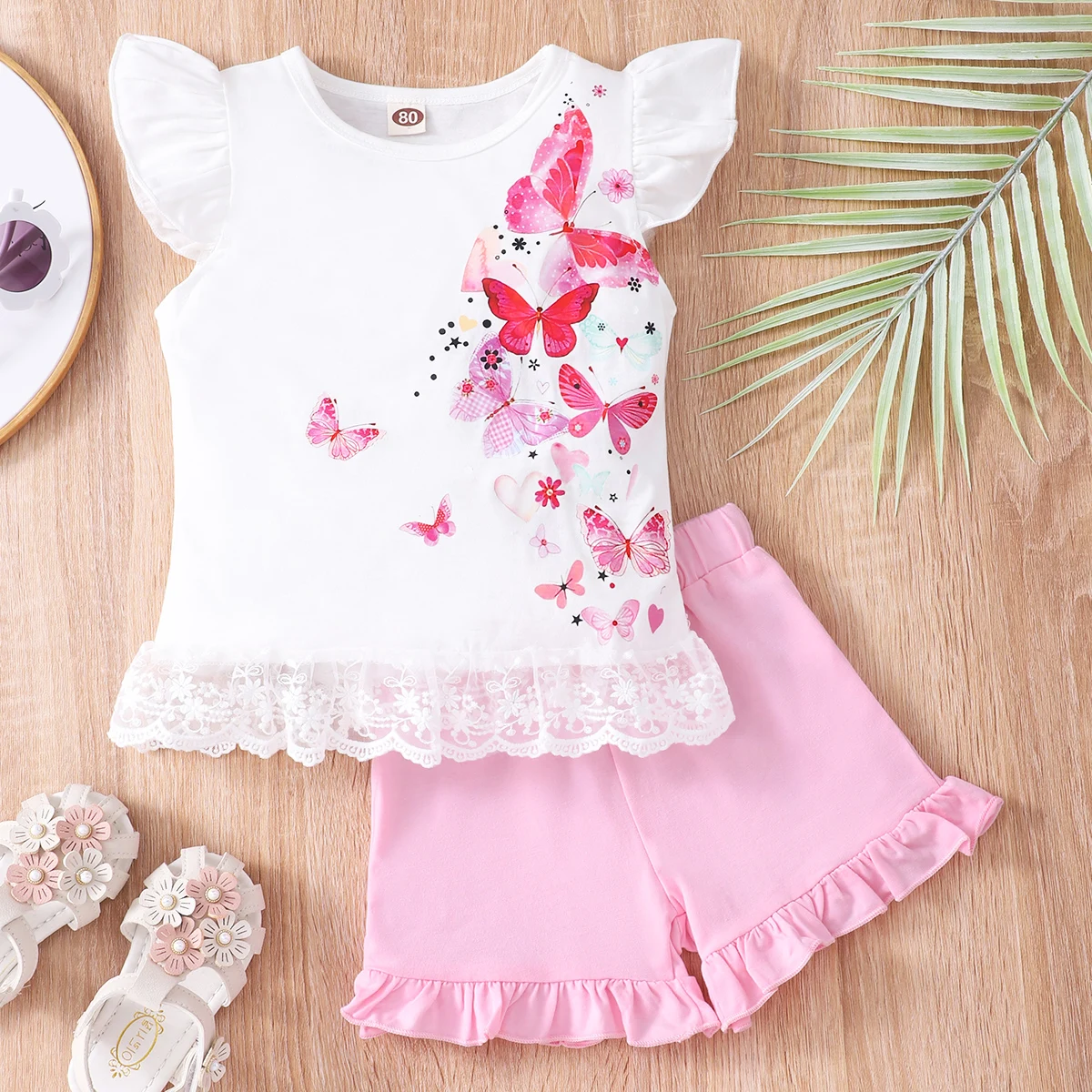 2-Piece Girl's Lace Edge Butterfly Ruffle Sleeve Top + Shorts Set Holiday/ Casual Outfit Summer Gift