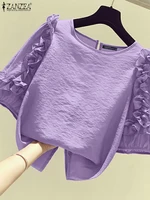 ZANZEA 2025 Summer Women Ruffled Blouse 3/4 Lantern Sleeve Tops Shirt Korean Fashion Round Neck Tunics Casual Loose Blusas Femme