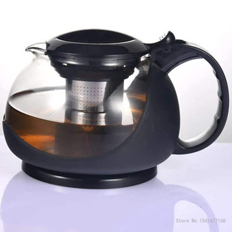 Black Clear Glass Tea Teapots, Heat Resistant Infuser, Tea Pot, Strainer Kettle, Teahouse Drinkware, Home Office, 1200ml, 1Pc