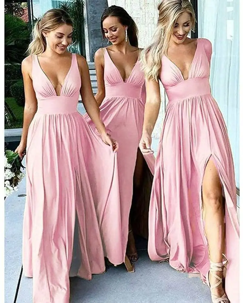 

Sexy Deep V-Neck Bridesmaid Dresses A Line Sleeveless Floor-Length Sweep Train Satin Thigh-High Slits Backless