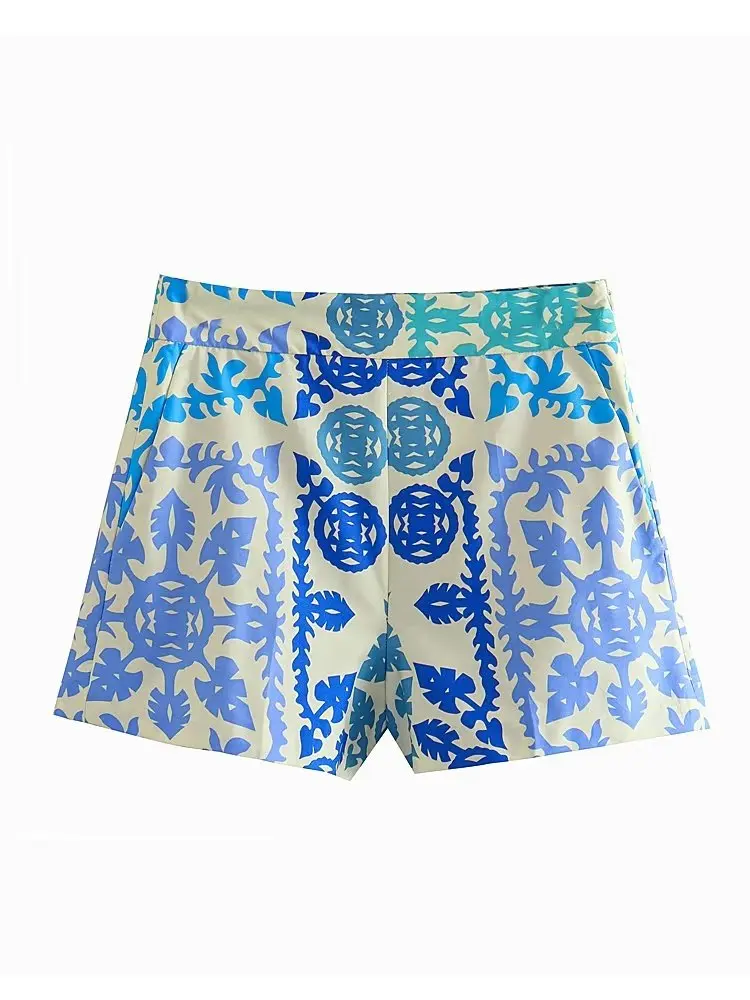 

MESTTRAF Women Fashion Y2K Vintage Patchwork Leaves Print Casual Slim Short Female Side Pockets High Waist Side Zipper Shorts