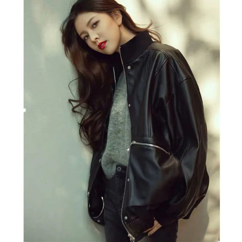 Women's Black Loose Sheepskin Jacket, Slimming and Thickening Coat, Fashionable Tops, Spring and Autumn Coat