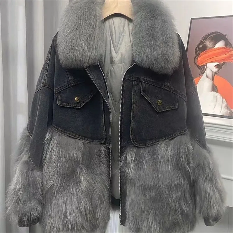 Large fur collar Denim jacket women fur Parkas 2024 winter new fashion splicing coat imitation Racoon hair short outerwear R065
