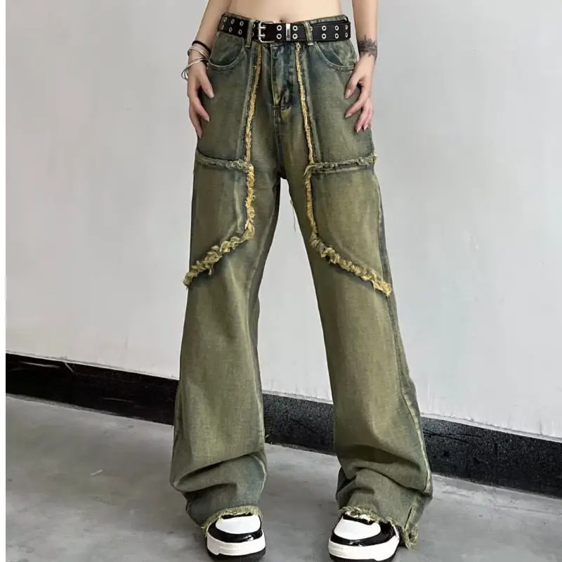 Pants New Women Autumn Vintage Wash Rough Edge Straight Tube Splicing Male Jeans  High Street Wide Leg Trousers 2022 New american style erosion damage raw edge street jeans men s harajuku style hip hop dance straight white jeans women s y2k clothing