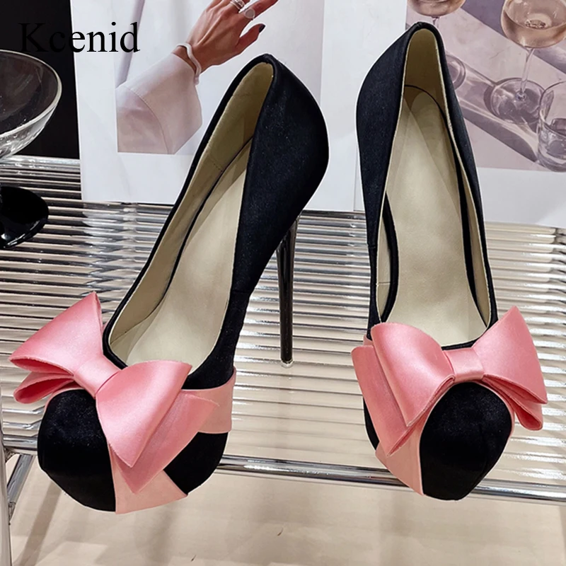 

Kcenid New Silk Bowknot Round Toe Platform Pumps Women Wedding Banquet Shoes Sexy Stripper Pole Dance High Heels Shoes Black