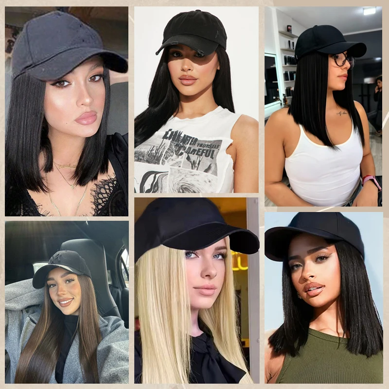 18inch Synthetic Hat Wig Women Wigs Hair Extensions Blonde Brown Straight Hair with Black Hat Hairpiece for Women Daily Use