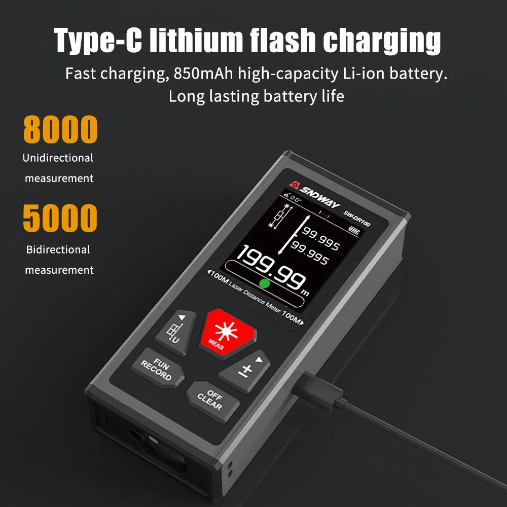 SNDWAY Dual Laser Rangefinder 60M 100M Bilateral Laser Distance Meter Electronic Angle Rechargeable Magnetism M/in/Ft laser distance meter