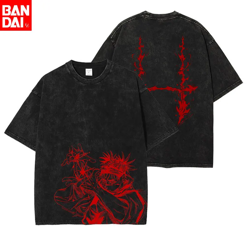 Anime Jujutsu Kaisen Gojo Satoru T-Shirt Herren Vintage Washed Black Tees Lässige Streetwear Übergroße Baumwoll-Kurzarm-T-Shirts