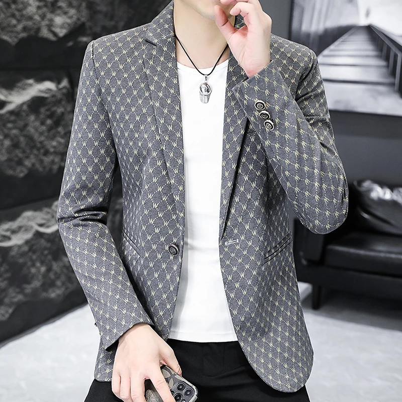 Korean Letter Print Men Blazers Brand Spring Casual Business Suit Jackets Slim Fit Street Wear Social Jacket Men Clothing