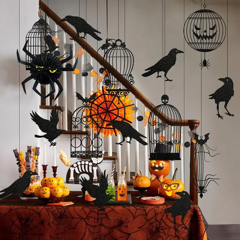 

Raven Outdoor Decorations Halloween Birdcage Door Dangling Decorations Black Reusable Scary Decor For Indoor & Outdoor Holiday