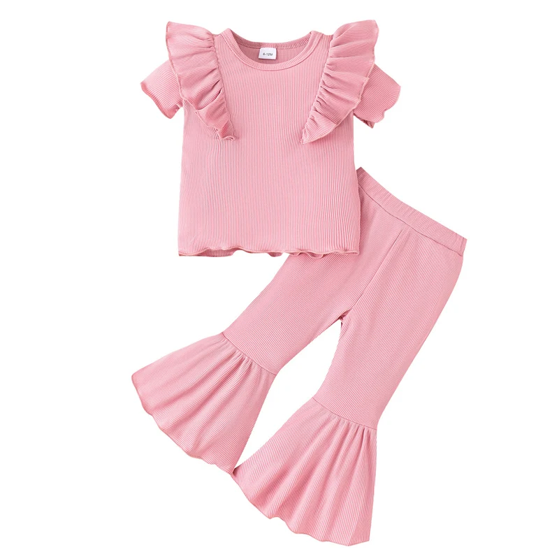 

Girls Summer 2PCS Pants Sets Short Sleeve Ruffle Tops Solid Color Flared Pants Outfits Clothes Sets